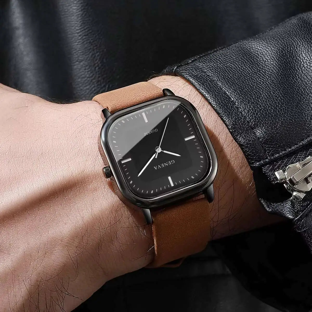 Fashion Square Minimalist Men's Quartz Watch Casual Leather Strap Wristwatch Reloj Hombre（Without Box）