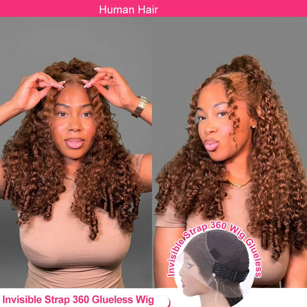 Chocolate Brown Burmese Curly Human Hair Wig Glueless Wig Invisible Drawstring 360 HD Full Lace Front Wig Human Hair Lace Wigs