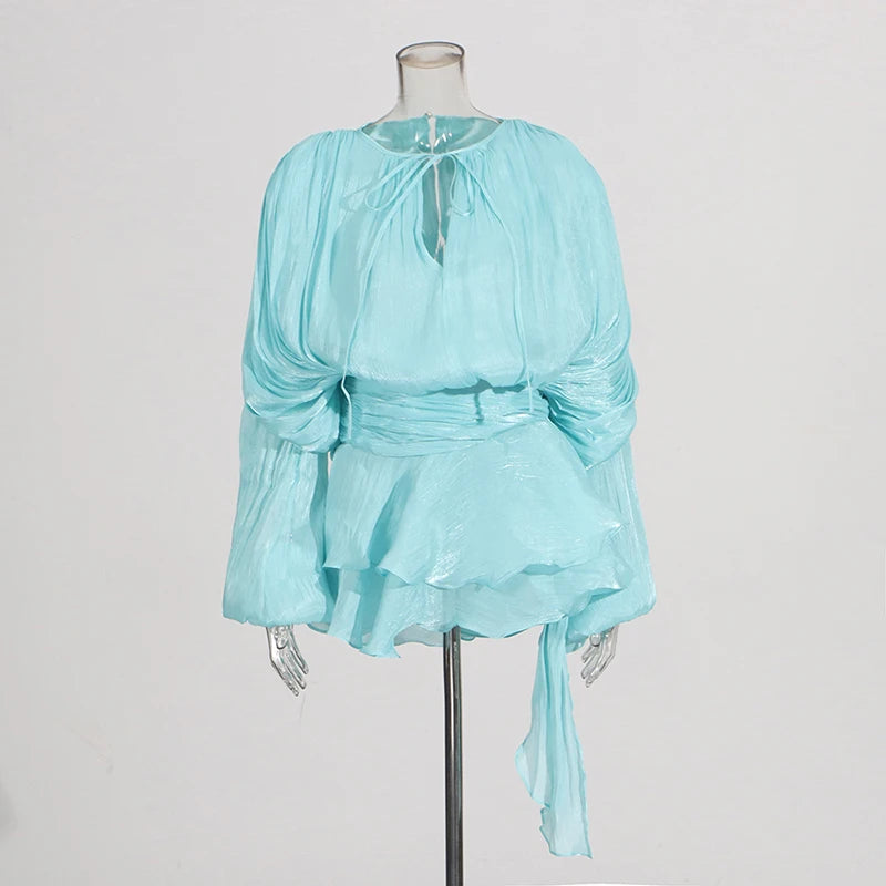 Loose Lace-Up V-Neck Ruffle Tunic Dress – Long Sleeve