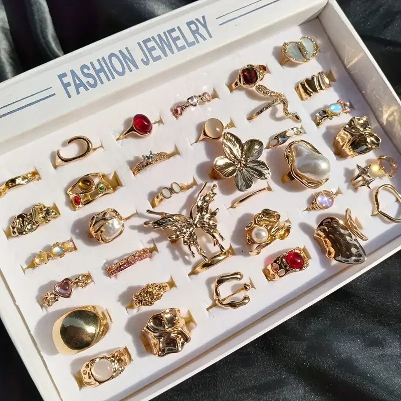 10/20/30Pieces Fashion Imitation Pearl Flower Open Rings Set For Women Mix Style Colorful Rhinestone Finger Jewelry