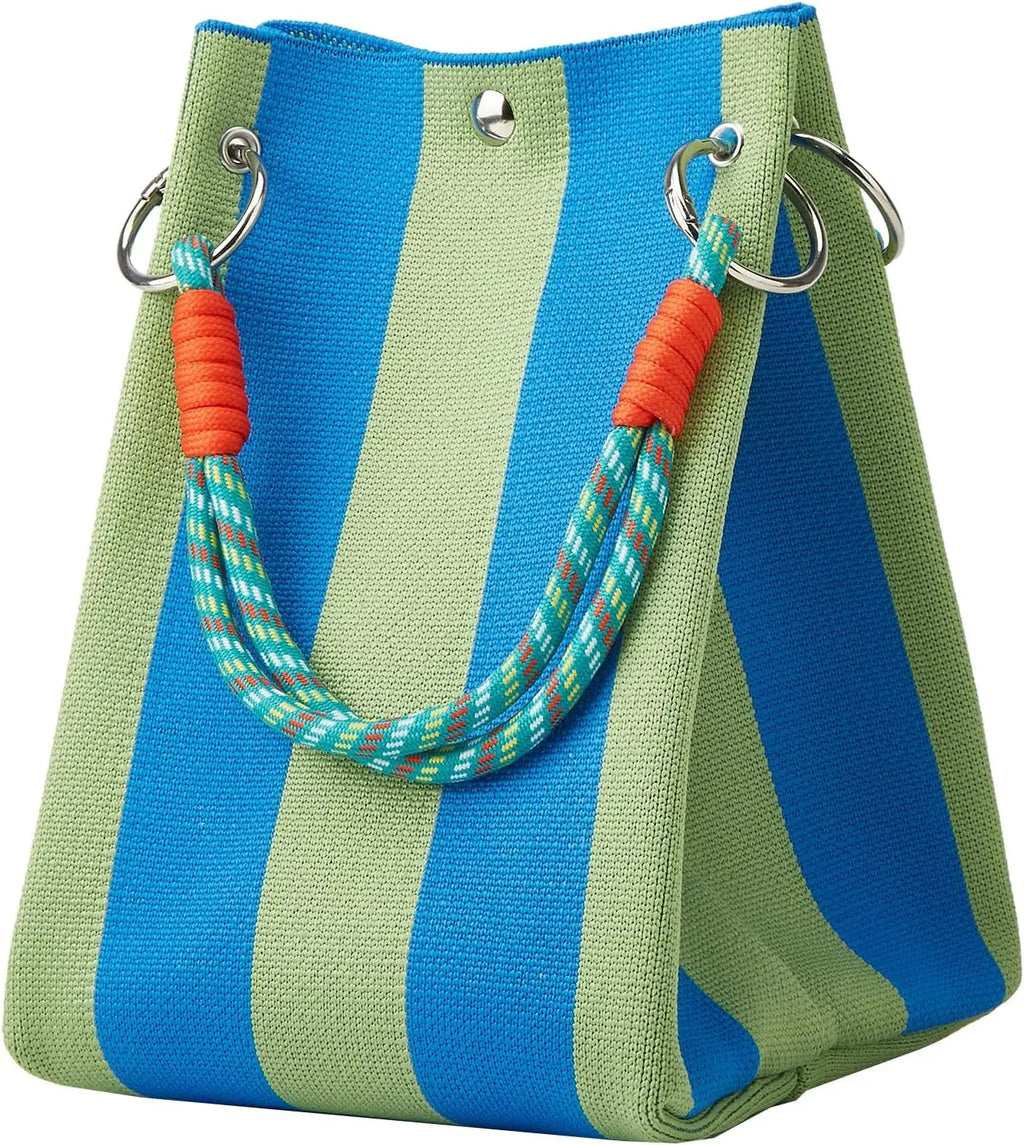 Korean Style Mini Knit Tote Bag Women Striped Crochet Bucket Handbag Lightweight Summer Daily Shoulder Purse For Vacation