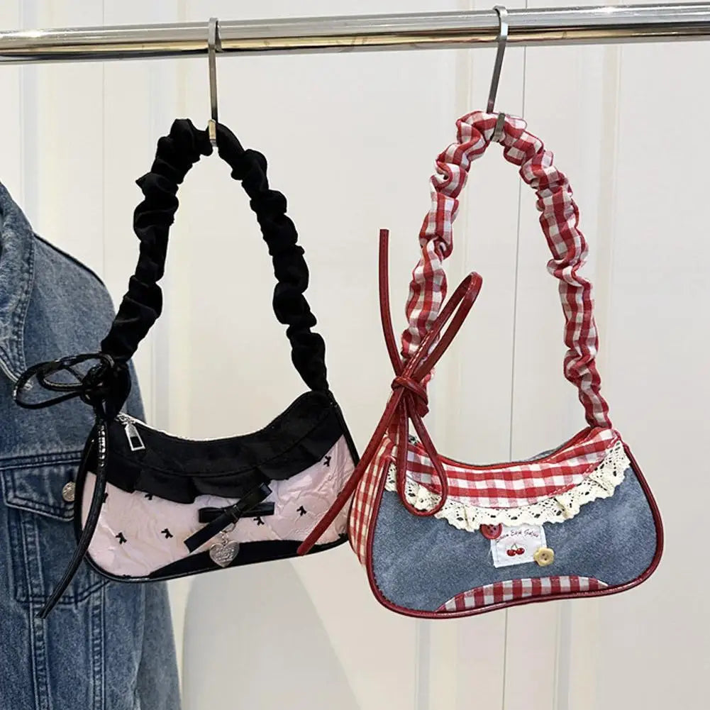 Grid Fabric Shoulder & Underarm Bag – Lace Ribbon Strap