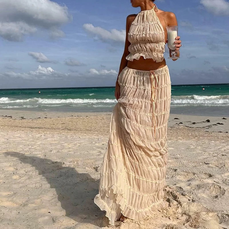 Boho Ruched Halter Cami & Maxi Skirt Set – Backless