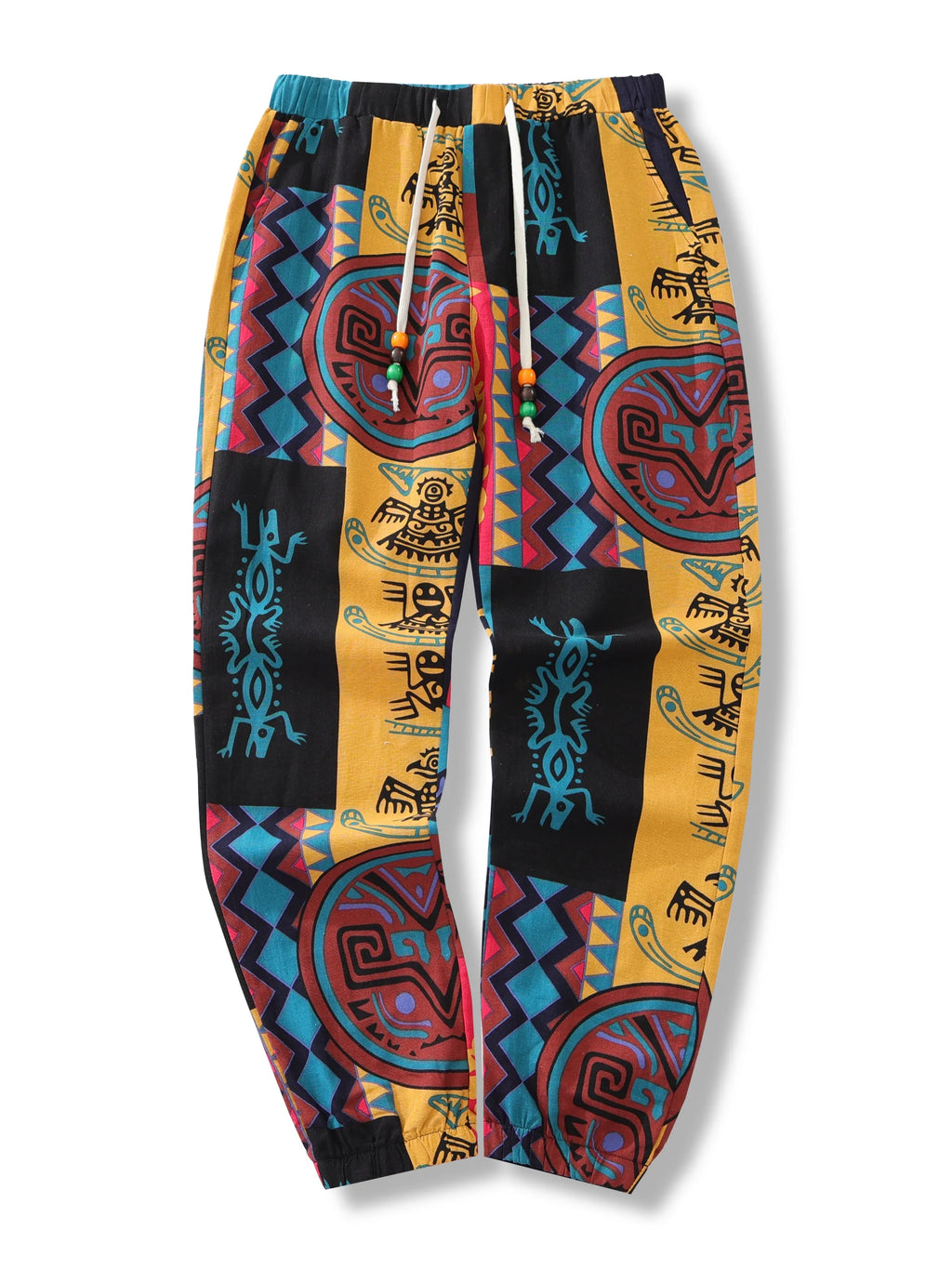 Men's Boho Tribal Print Linen Drawstring Jogger Pants