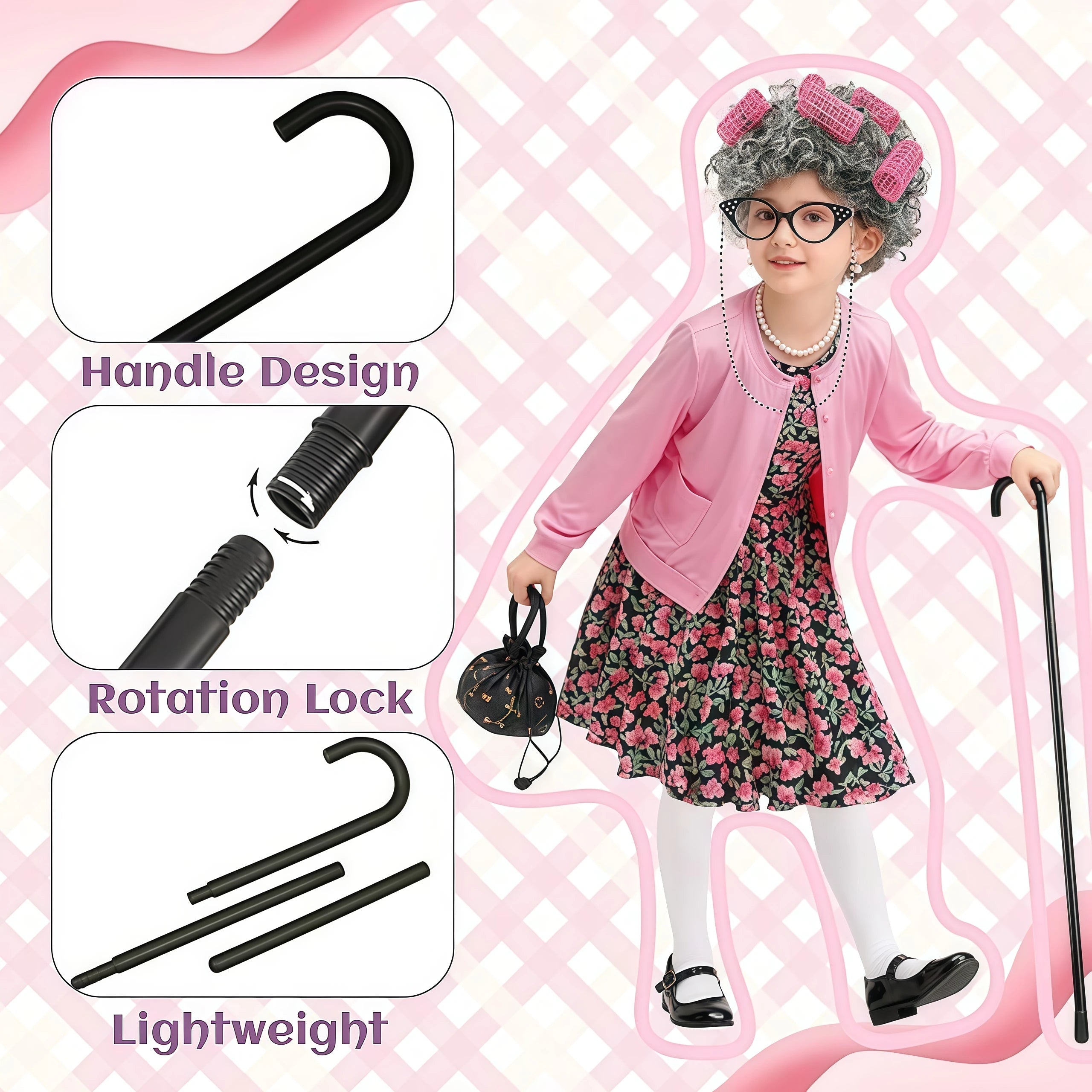 Girls 100th Day Of School Costume Old Lady Grandma Dress Up Accessories Set For Children Performance Halloween Carnival Roleplay