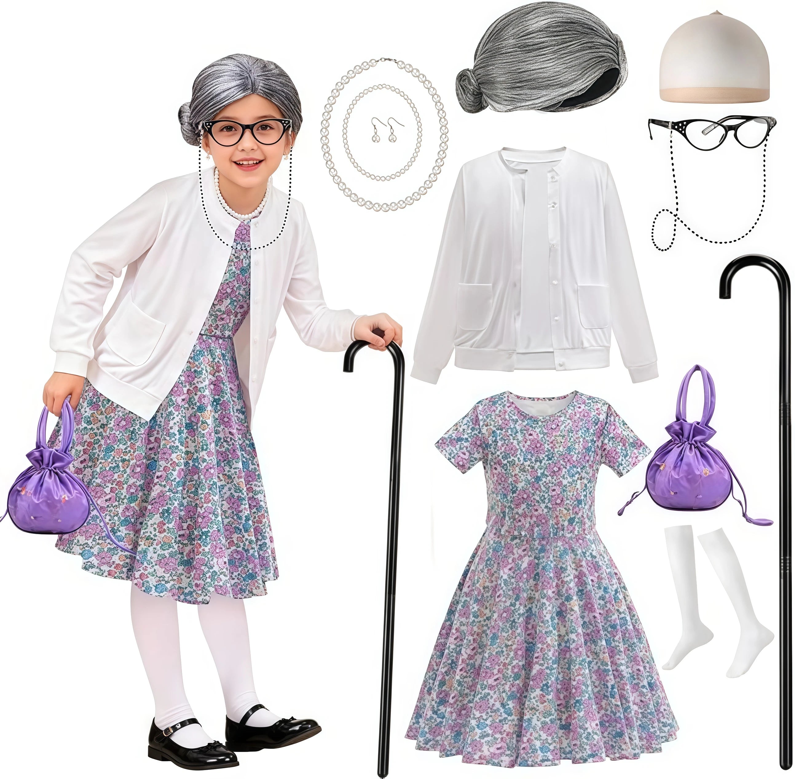Girls 100th Day Of School Costume Old Lady Grandma Dress Up Accessories Set For Children Performance Halloween Carnival Roleplay