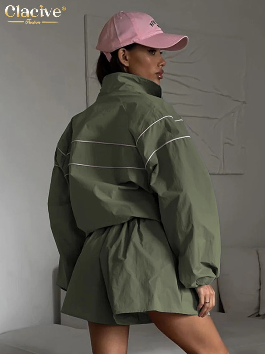 Clacive Fashion Loose Gray 2 Piece Sets Women Outfit 2024 Elegant Long Sleeve Shirt With High Waist Shorts Set Female Streetwear