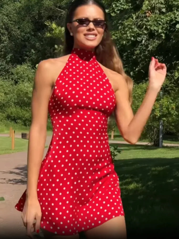 Women's Polka Dot Halter Backless Mini Dress
