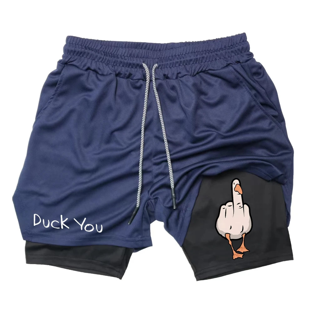 Cartoon Duck Print Men's Shorts Summer Double Layer Letter Print  Quick Drying Pants Fitness Tracksuit Beach Short Pants RL0358