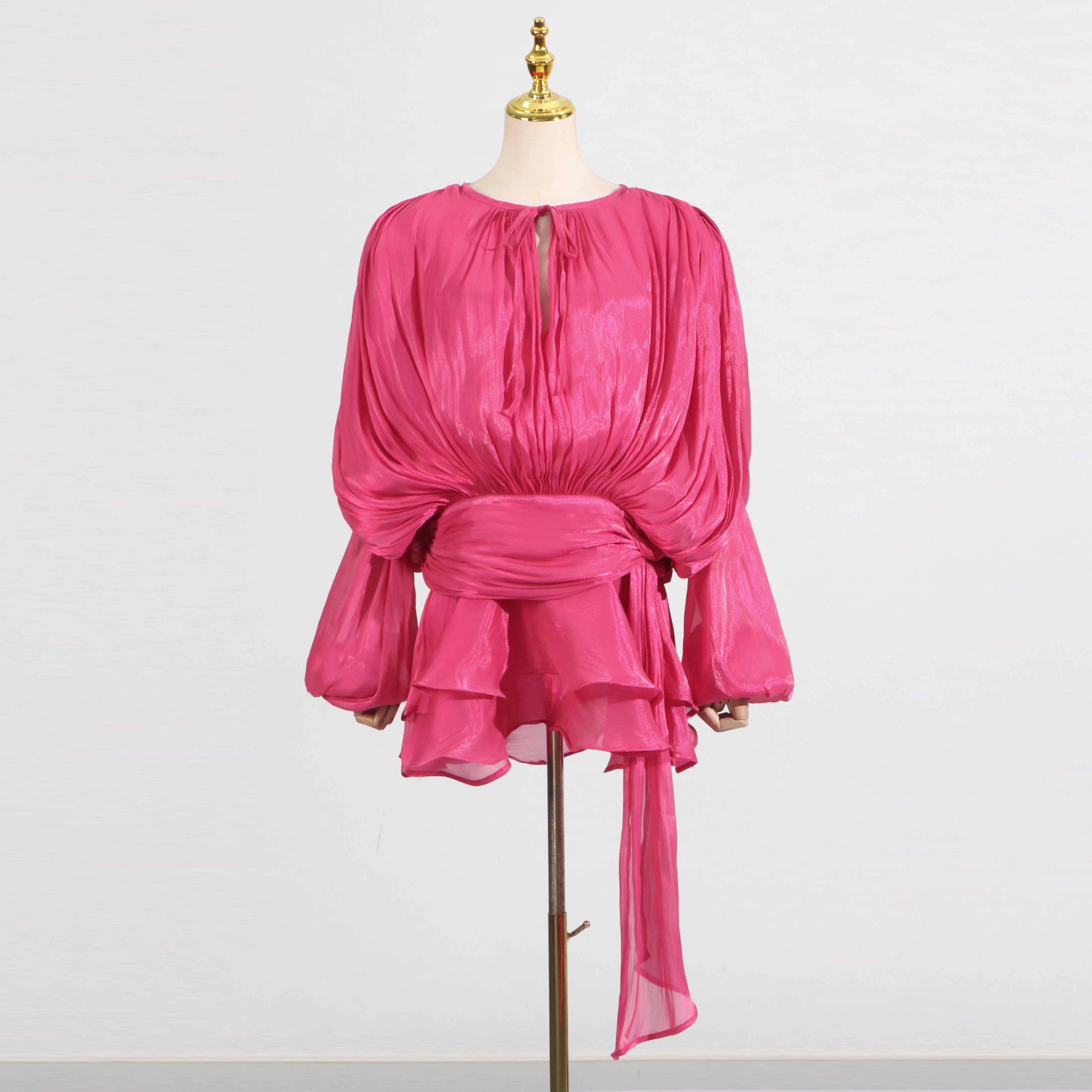 Loose Lace-Up V-Neck Ruffle Tunic Dress – Long Sleeve