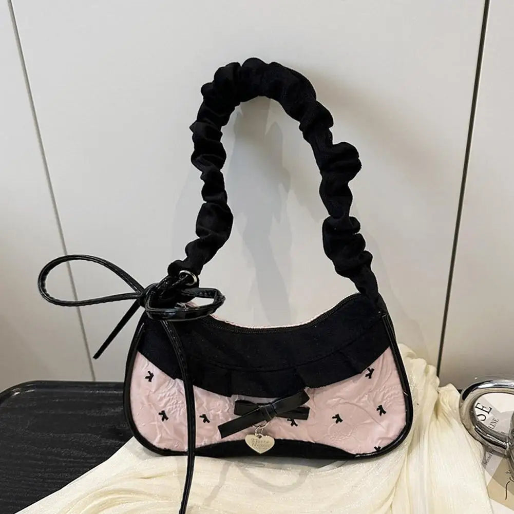 Grid Fabric Shoulder & Underarm Bag – Lace Ribbon Strap