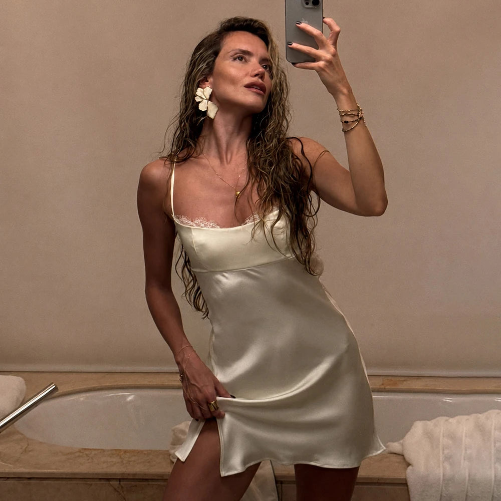 Talenza Elegant Satin Dress Women's Sexy Backless Lace Patchwork Lace-up Summer Dress Fashion Luxury Ladies Party Evening Dress
