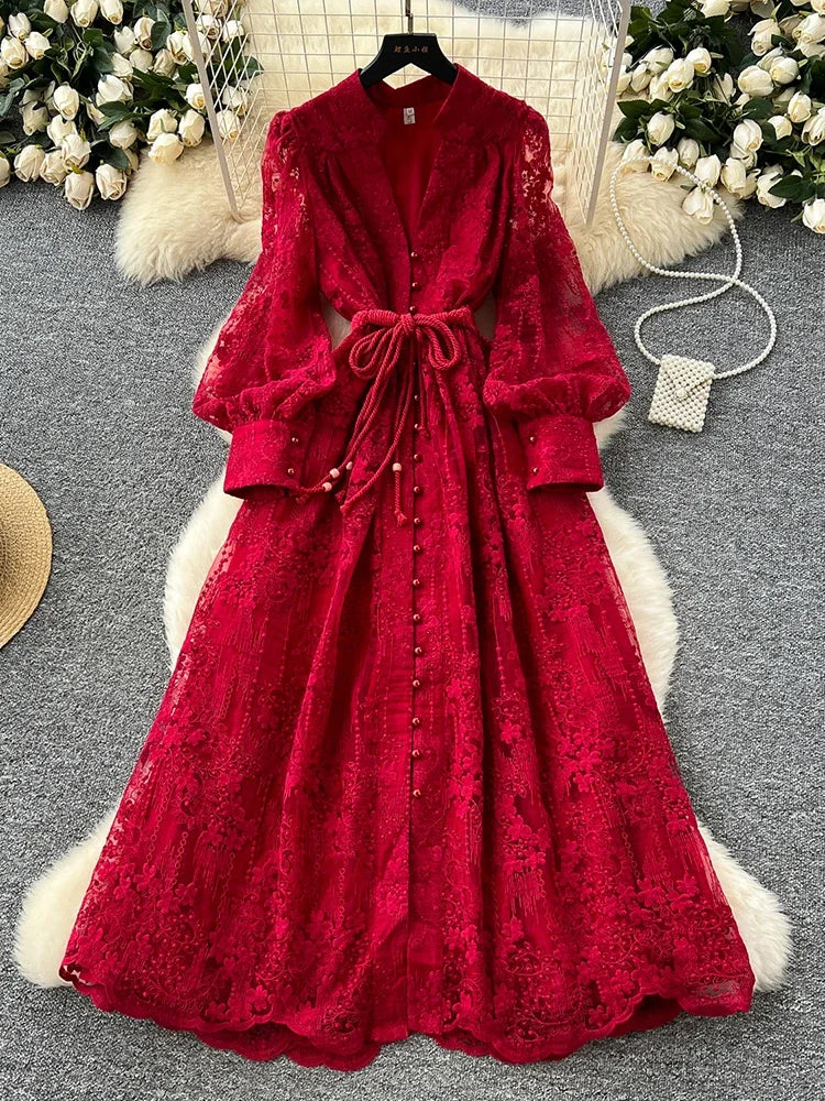 French Lace Embroidery V-Neck Lantern Sleeve Party Dress