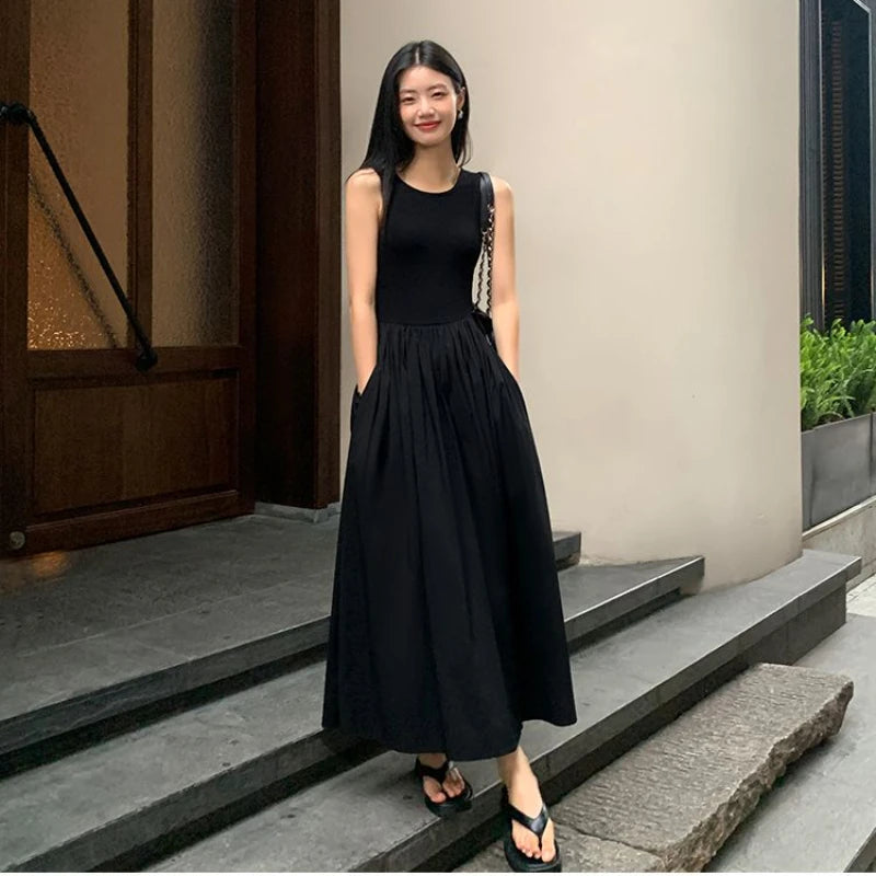 Vintage Black Midi Dress – O-Neck Office Lady with Pockets