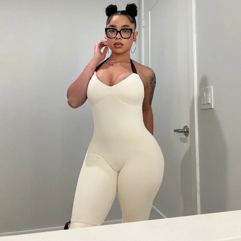 Joskaa Bowknot Decorate Halter Apricot Jumpsuit Women Hipster Sexy V-neck Backless Bandage Skinny Rompers Beach Holiday Clubwear