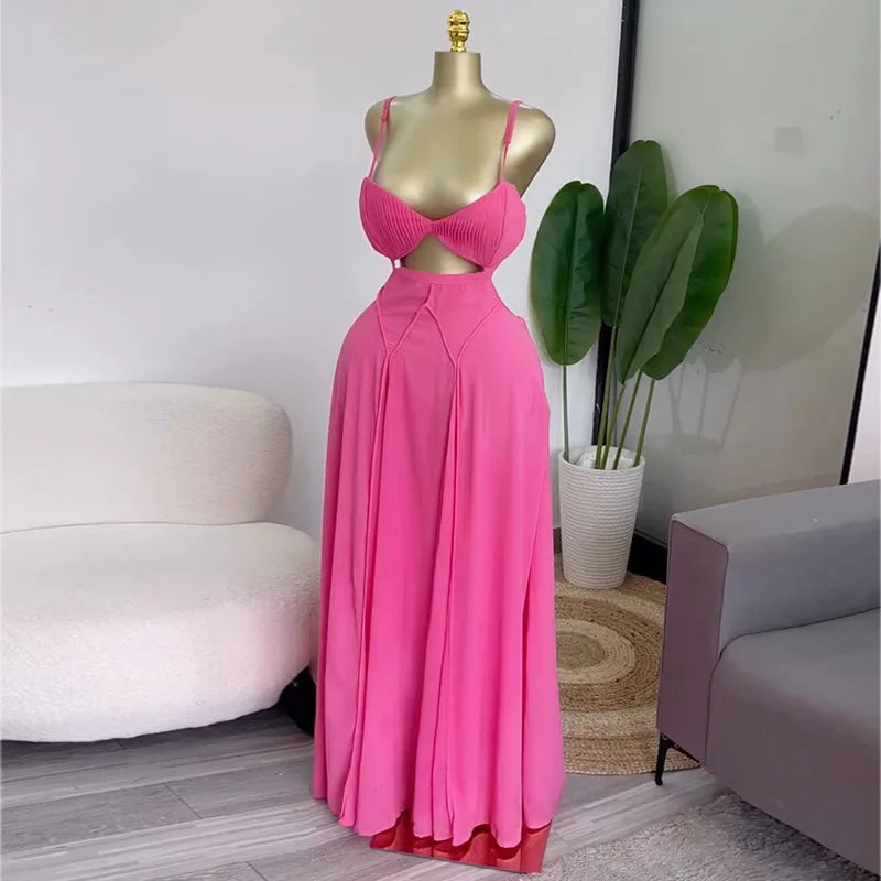 CM.YAYA Women Floral Printed Strap Backless Bra Front Big Swing Maxi Long Dress 2025 Vintage Sexy Club Party Evening Dresses