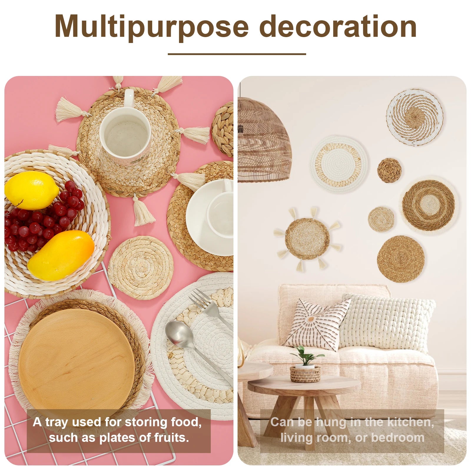 7-Piece Boho Rattan Woven Wall Basket Decor Set