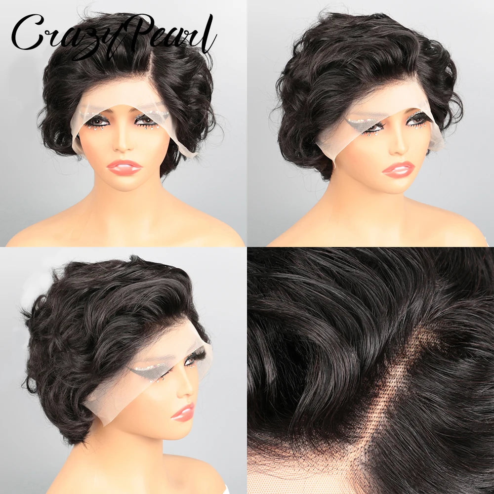 CrazyPearl 13X4 Lace Frontal Wig Pixie Cut Human Hair Short Curly Black Brazilian Remy Hair Natural Hairline for Black Women