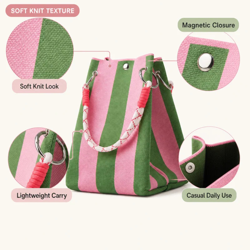 Korean Style Mini Knit Tote Bag Women Striped Crochet Bucket Handbag Lightweight Summer Daily Shoulder Purse For Vacation