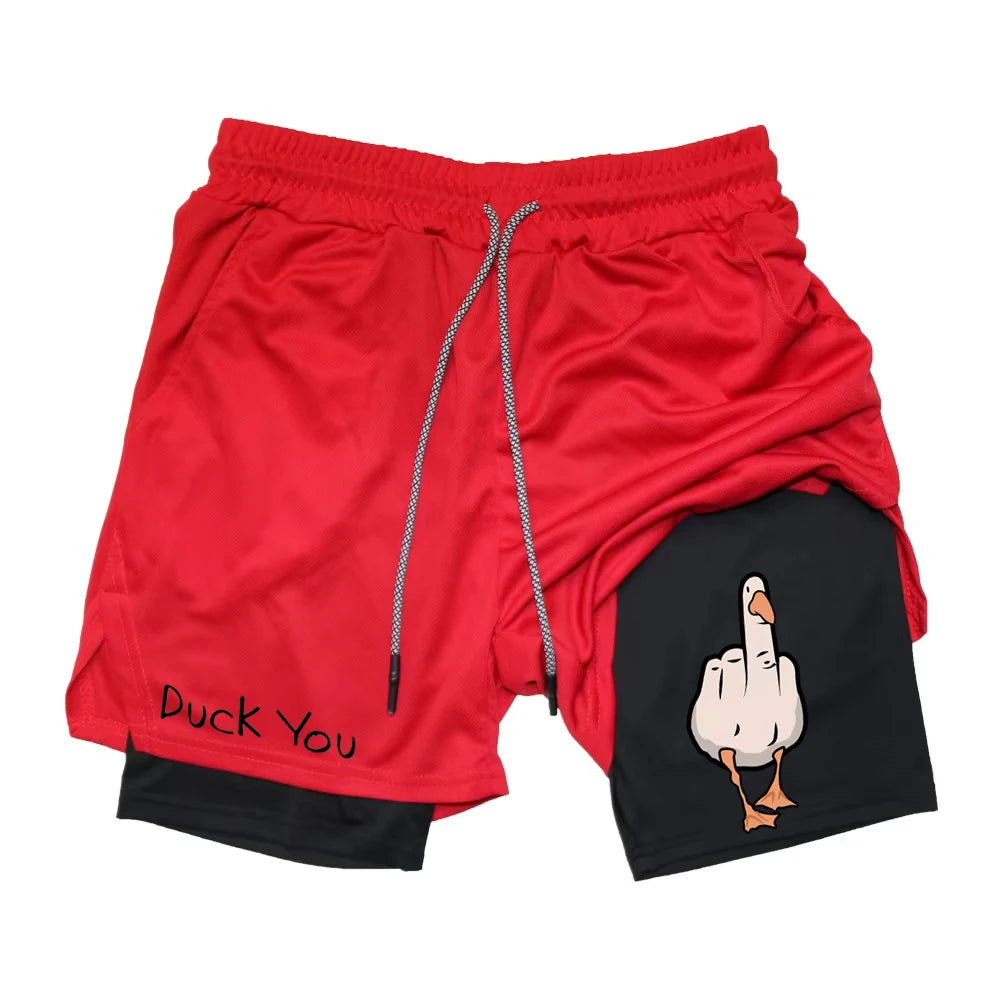 Cartoon Duck Print Men's Shorts Summer Double Layer Letter Print  Quick Drying Pants Fitness Tracksuit Beach Short Pants RL0358