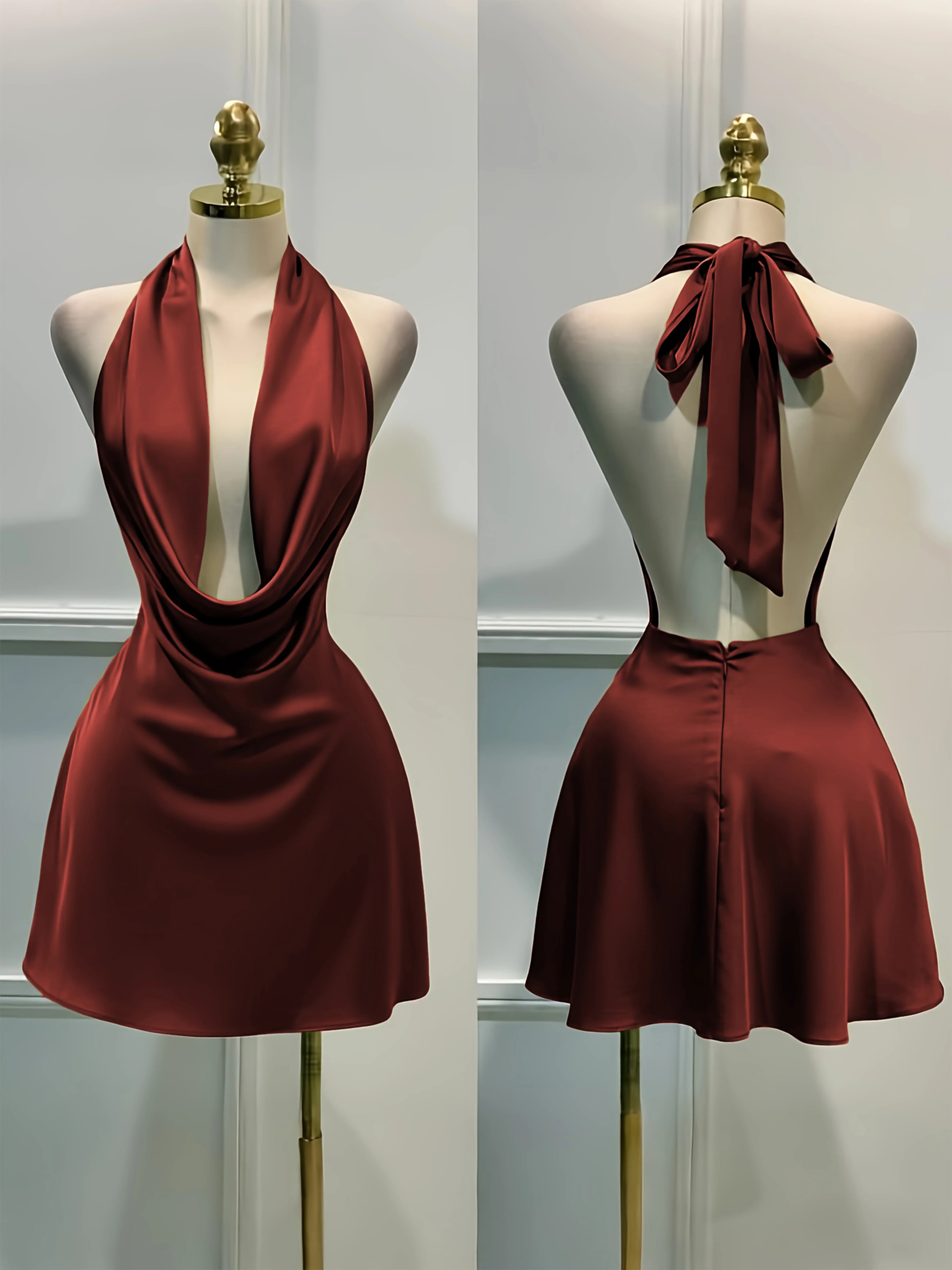 Open-Back Satin Midi Dress – Zipper Fitted Cocktail