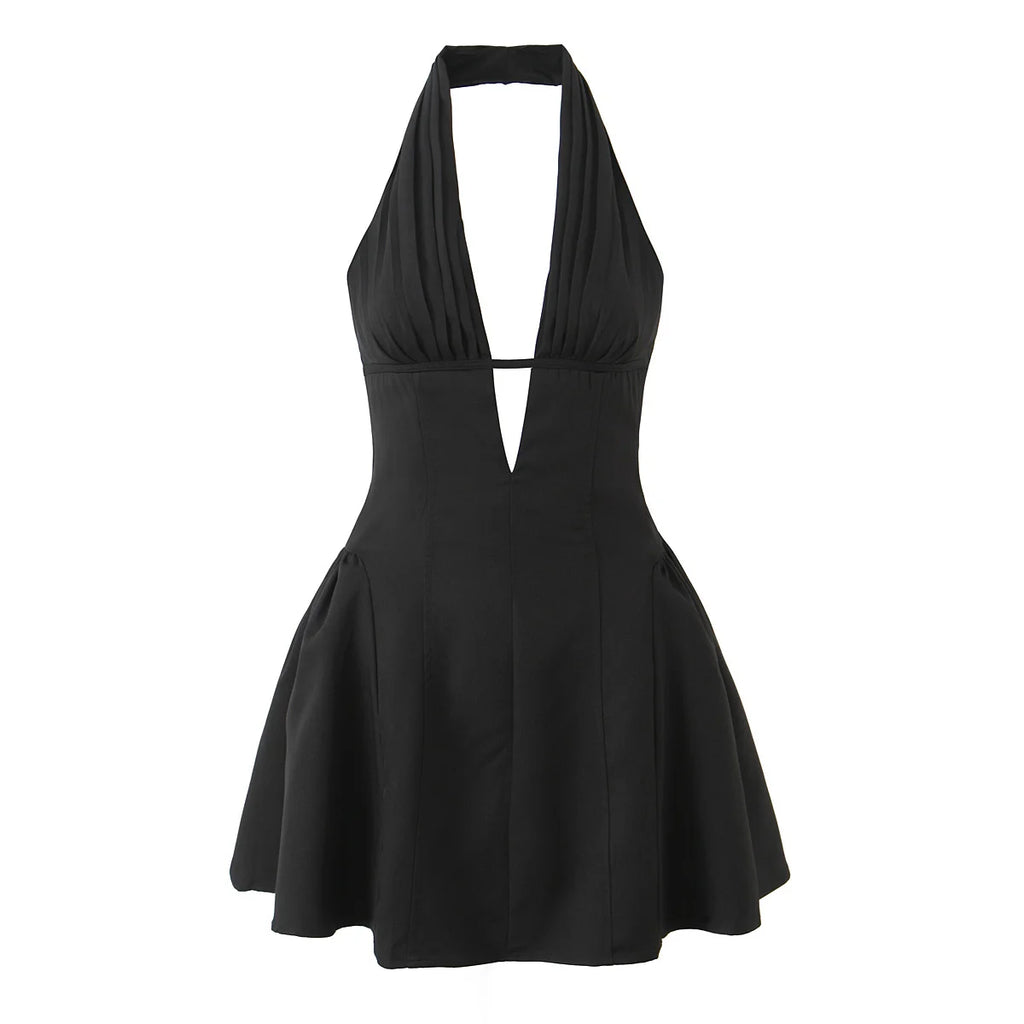 YENKYE French Style Retro Polka Dot Deep V Halter Dress Women Sexy Backless A-line Slim Sweet Elegant Mini Dresses Summer Robe