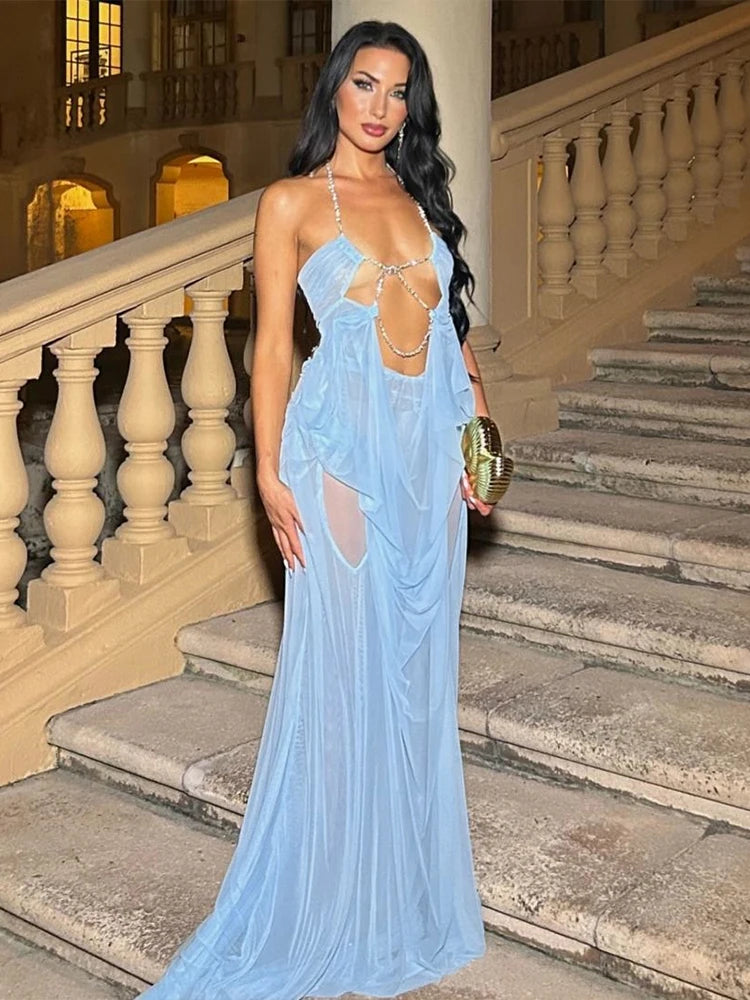 Women's Sheer Chain-Halter Backless Gown