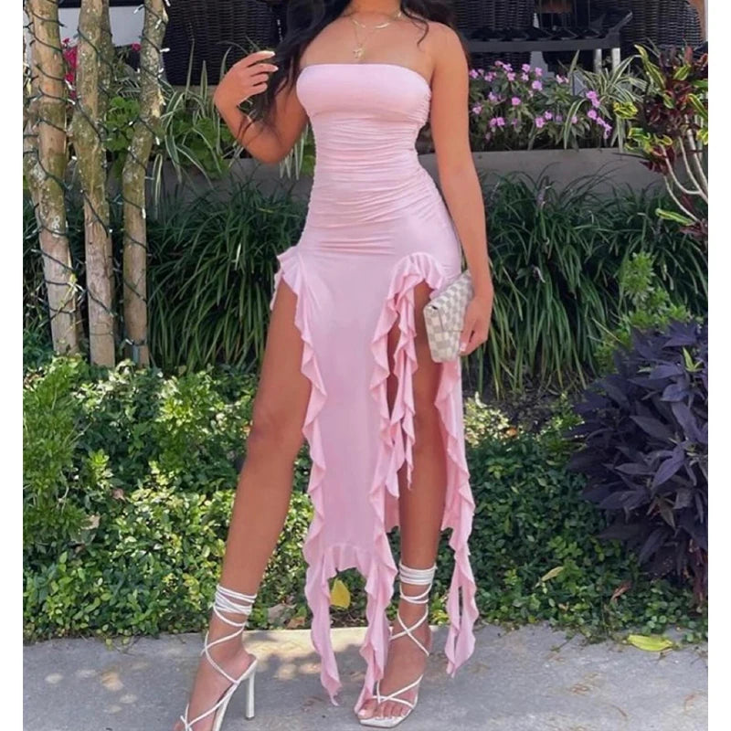 Strapless Floral Fold High Slit Mini Party Dress
