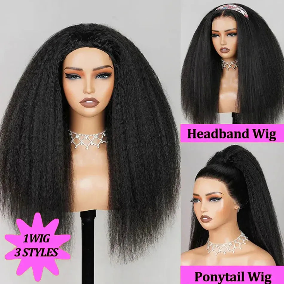 Kinky Straight Half Wig 3 In 1 Half Wig With Drawstring Flip Over Half Wig Yaki Straight Glueless Wigs Ready to Wear 250 Density