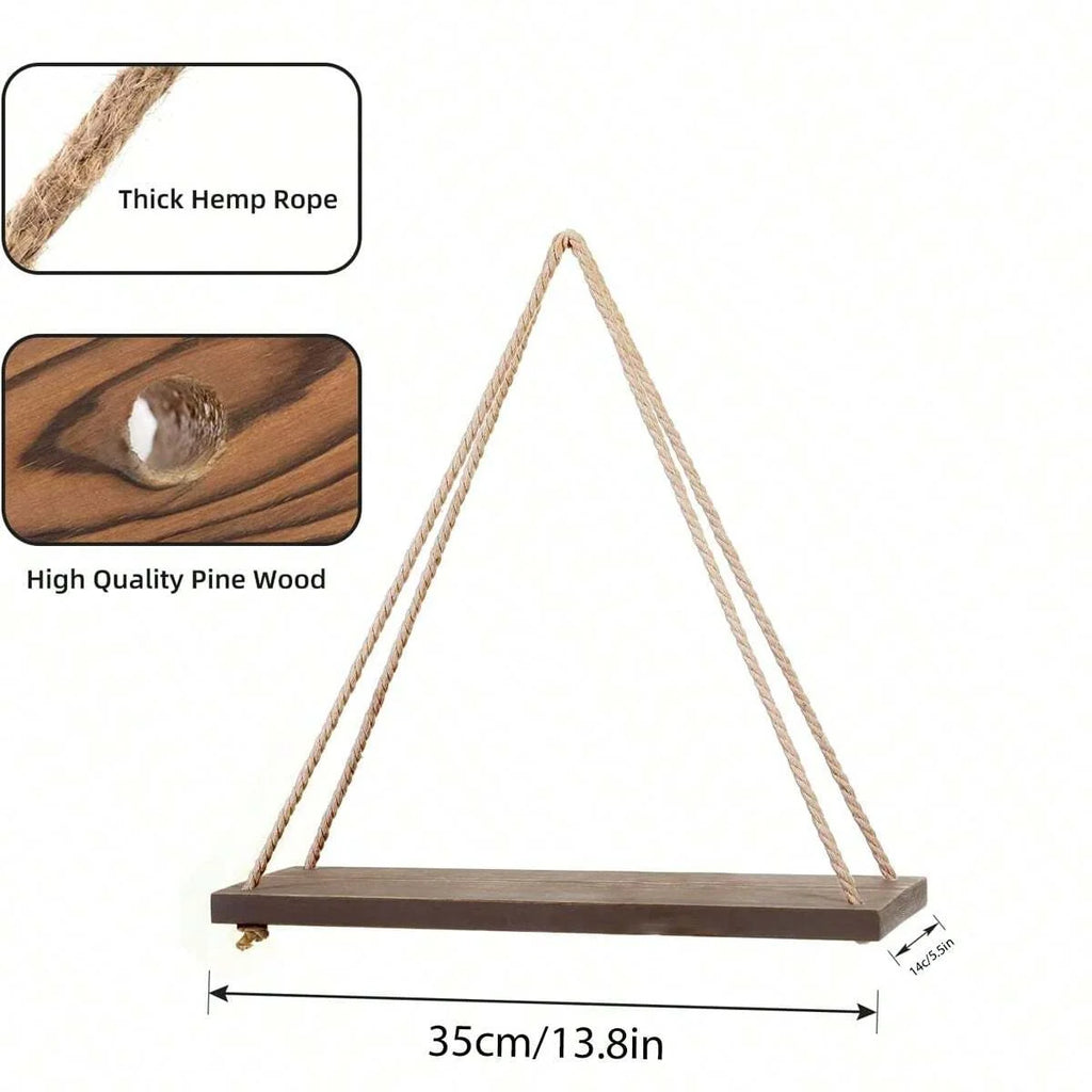 Wooden Hemp Rope Hanging Wall Shelf – Boho Home Decor