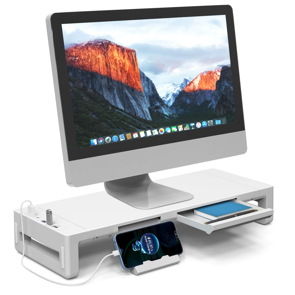 Monitor Stand Riser, With Foldable, Height Adjustable Computer Stand, Desk Shelf Riser with Storage Drawer &Tablet Phone