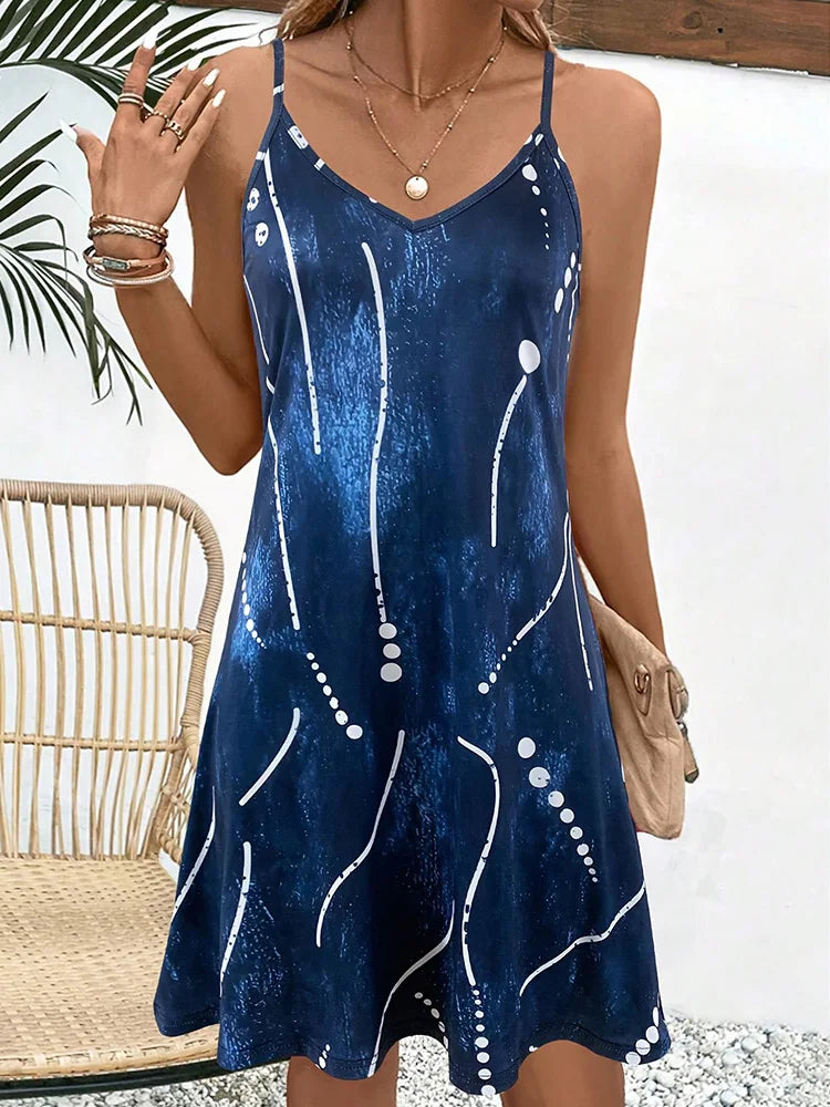 NOIR BELLE Blue Abstract V-Neck A-Line Summer Dress