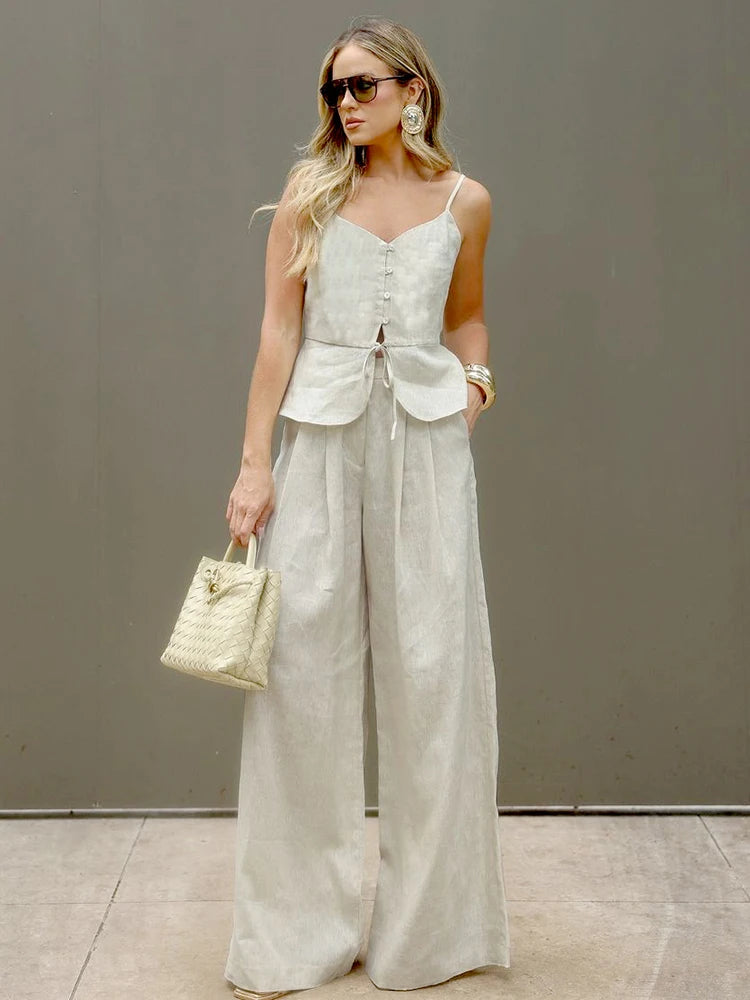 Mueyaruho Women 2026 Summer Office Pant Set Suits Solid Beige Outfits 2 Two Piece Wide Leg Matching Set For Women