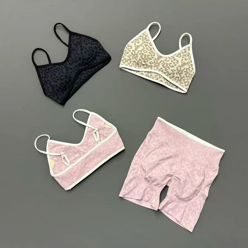 2 Pieces Leopard Print Sports Set Women Seamless Yoga Bra & High Waist Scrunch Butt Shorts Gym Workout Slim Fit Outfit