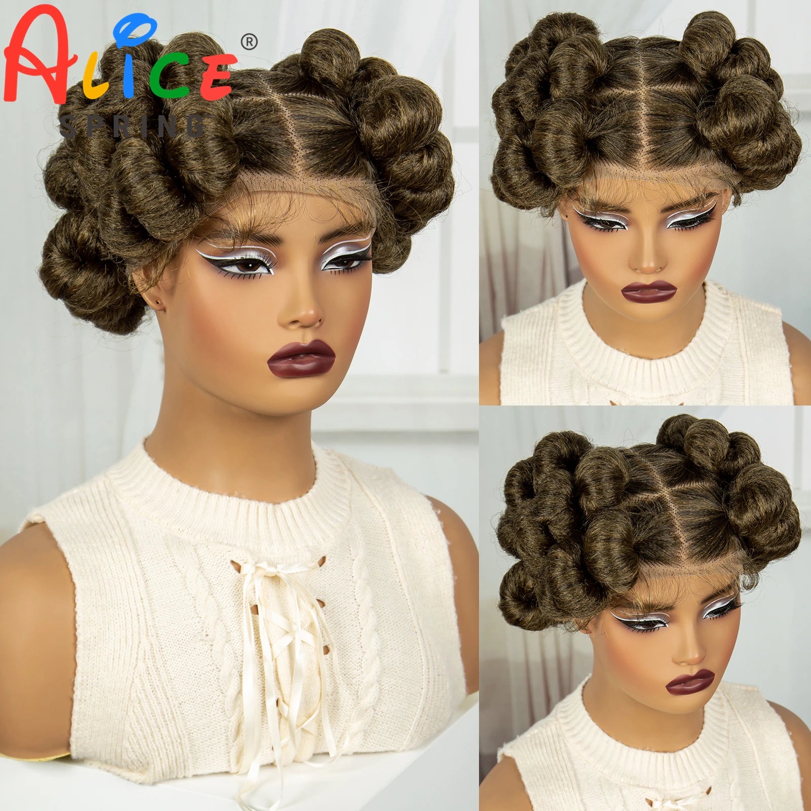 Natural Color 6Inch Transparent Full Lace Braided Wigs Short Cute Handmade Bantu Synthetic Braided Lace Wigs Knotless Braids Wig