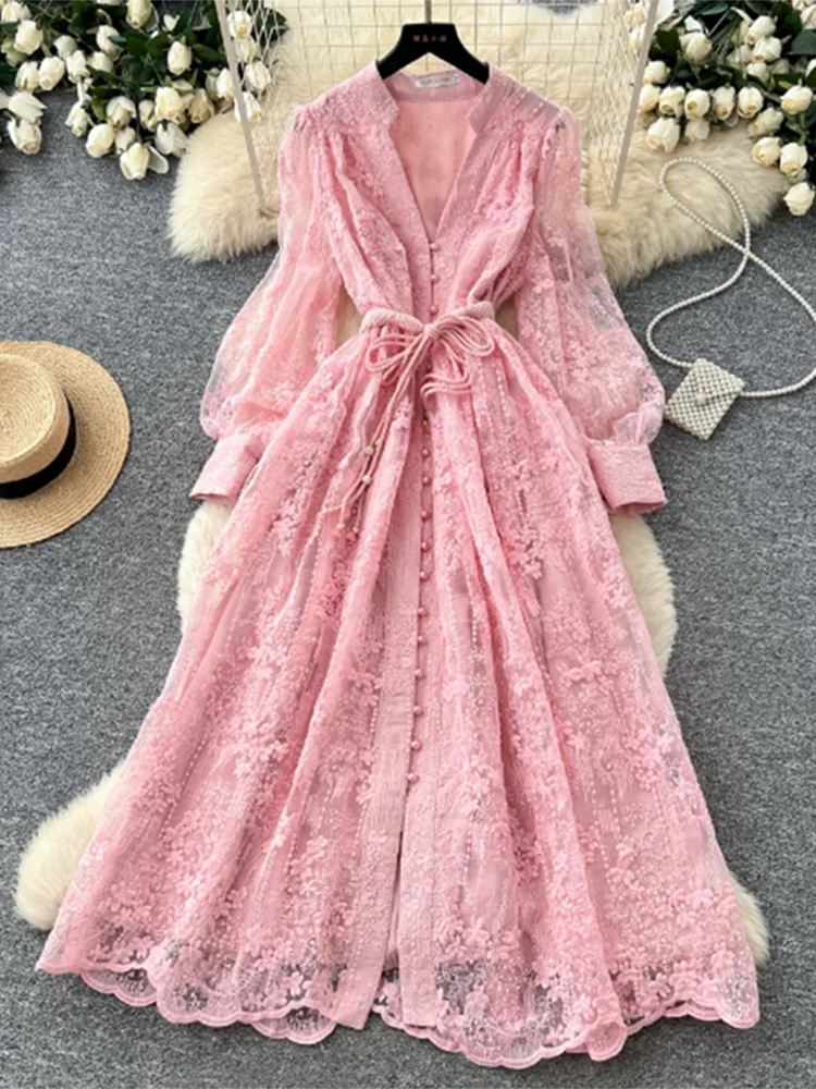 French Lace Embroidery V-Neck Lantern Sleeve Party Dress